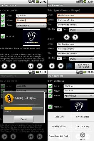 Les captures d'écran du programme Mp3 Tagger pour le portable ou la tablette Android.