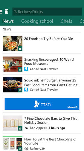 Les captures d'écran du programme MSN Food: Recipes pour le portable ou la tablette Android.