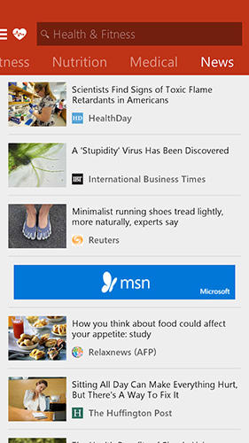 Les captures d'écran du programme Msn health and fitness pour le portable ou la tablette Android.