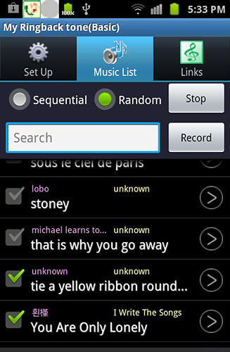 Скріншот додатки My ringbacktone: For my ears для Андроїд. Робочий процес.