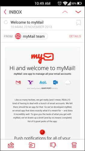 アンドロイドの携帯電話やタブレット用のプログラムmyMail – Email のスクリーンショット。