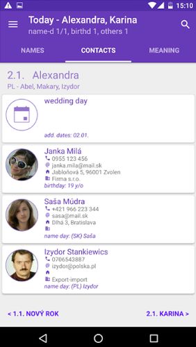 Screenshots of Name days program for Android phone or tablet.