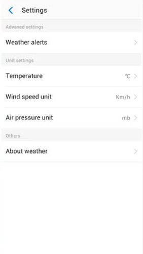 Les captures d'écran du programme Neffos weather pour le portable ou la tablette Android.