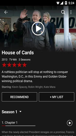 Screenshots of Netflix program for Android phone or tablet.