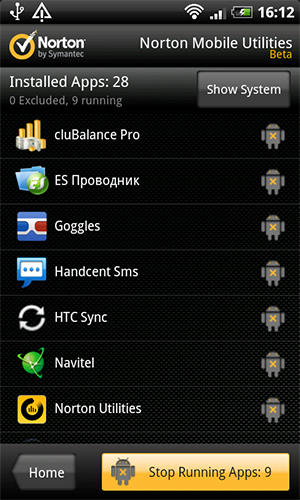 Capturas de tela do programa Norton mobile utilities beta em celular ou tablete Android.