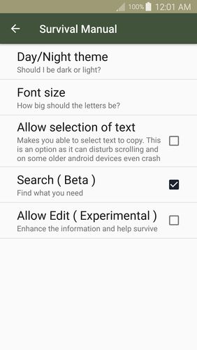 Les captures d'écran du programme Offline survival manual pour le portable ou la tablette Android.