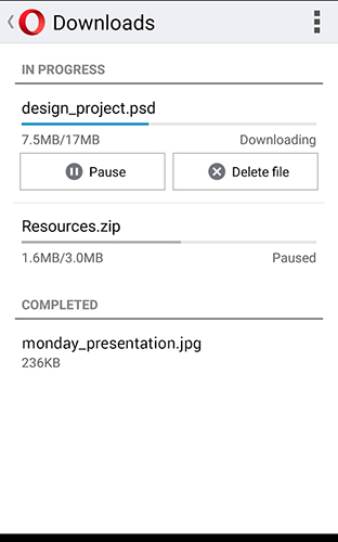 Capturas de pantalla del programa Opera mini para teléfono o tableta Android.