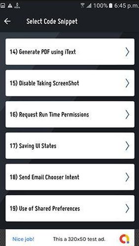 Les captures d'écran du programme Options & Settings code snippets: Android & iOS pour le portable ou la tablette Android.