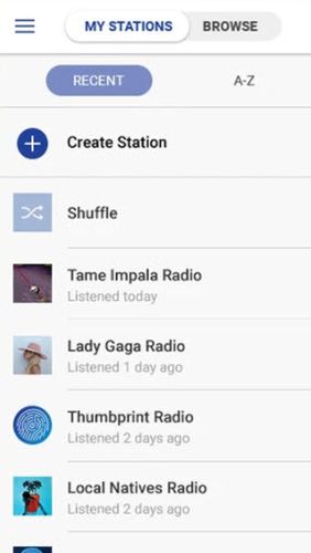 Screenshots des Programms Pandora music für Android-Smartphones oder Tablets.