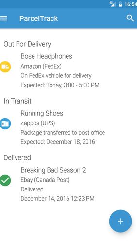 Screenshots of ParcelTrack - Package tracker for Fedex, UPS, USPS program for Android phone or tablet.