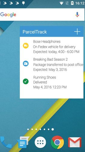 Capturas de tela do programa ParcelTrack - Package tracker for Fedex, UPS, USPS em celular ou tablete Android.