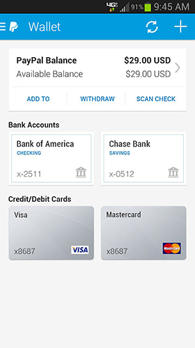 Screenshots of PayPal program for Android phone or tablet.