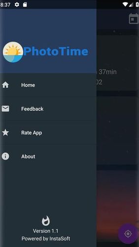 Capturas de tela do programa PhotoTime: Golden hour - Blue hour time calculator em celular ou tablete Android.