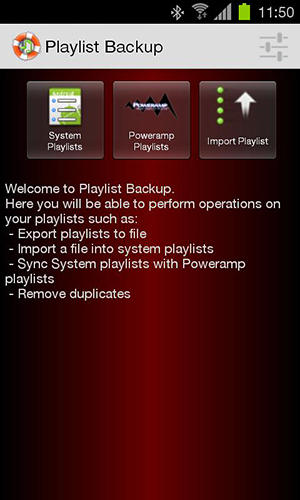 アンドロイドの携帯電話やタブレット用のプログラムPlaylist backup のスクリーンショット。
