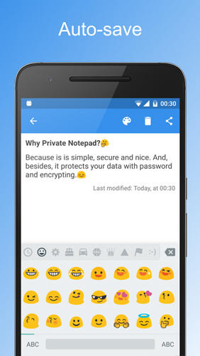 Les captures d'écran du programme Private Notepad pour le portable ou la tablette Android.