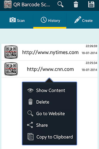 Screenshots of QR barcode scaner pro program for Android phone or tablet.