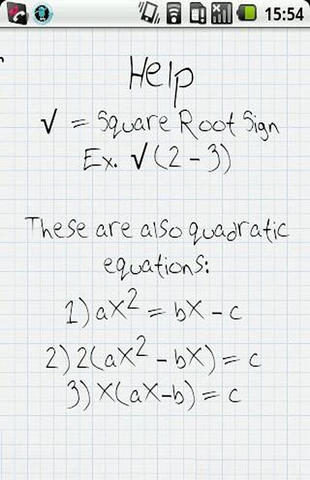 Screenshots of Quick quadratics program for Android phone or tablet.