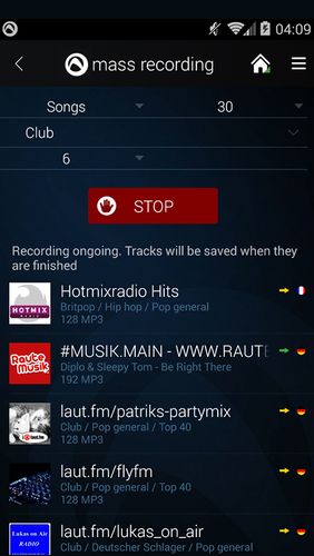 Les captures d'écran du programme Audials Radio pour le portable ou la tablette Android.