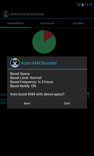 Les captures d'écran du programme RAM: Control eXtreme pour le portable ou la tablette Android.