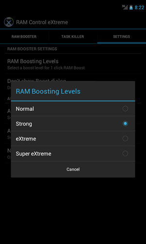 Les captures d'écran du programme RAM: Control eXtreme pour le portable ou la tablette Android.