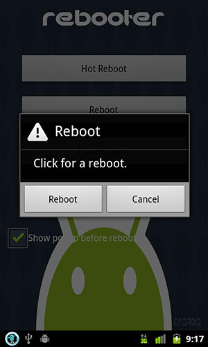 Screenshots of Rebooter program for Android phone or tablet.