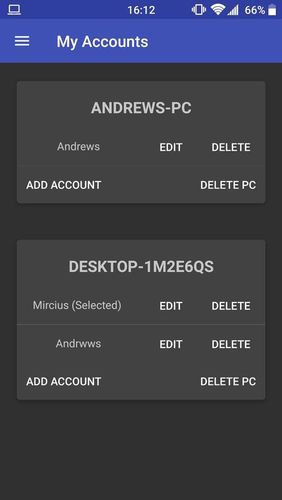 Capturas de pantalla del programa Remote fingerprint unlock para teléfono o tableta Android.