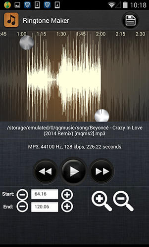 Screenshots of Ringtone maker mp3 cutter program for Android phone or tablet.