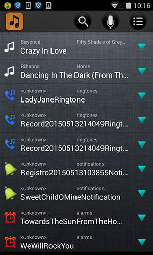Les captures d'écran du programme Ringtone maker mp3 cutter pour le portable ou la tablette Android.