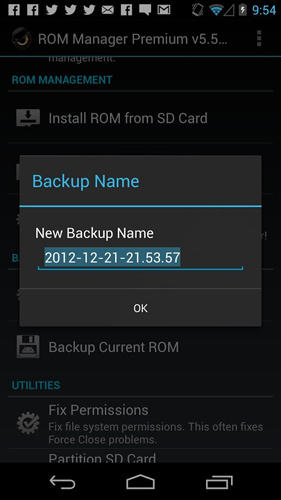 Capturas de tela do programa ROM manager em celular ou tablete Android.