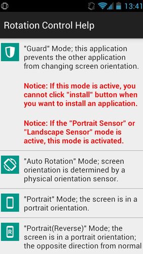 Screenshots des Programms Rotation control für Android-Smartphones oder Tablets.