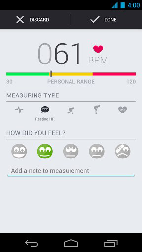Capturas de pantalla del programa Runtastic heart rate para teléfono o tableta Android.