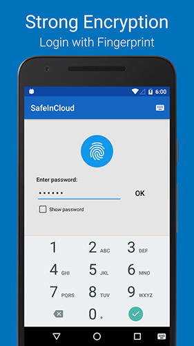 アンドロイドの携帯電話やタブレット用のプログラムSafe in cloud password manager のスクリーンショット。