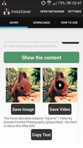 Capturas de pantalla del programa Saver reposter for Instagram para teléfono o tableta Android.