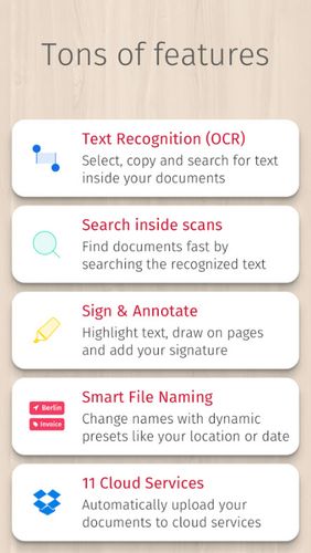 Screenshots of Scanbot - PDF document scanner program for Android phone or tablet.