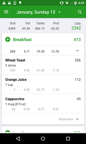 Aplicativo Calorie counter para Android, baixar grátis programas para celulares e tablets.