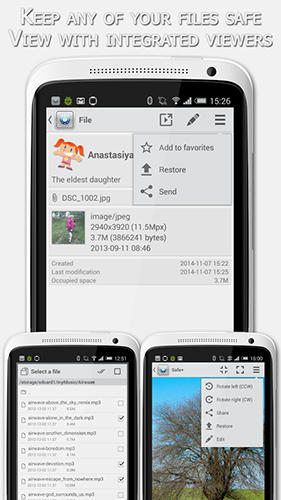 Capturas de pantalla del programa Safe + para teléfono o tableta Android.