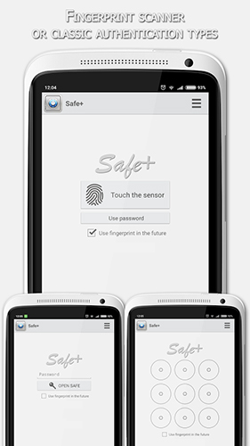 Screenshots des Programms Safe + für Android-Smartphones oder Tablets.