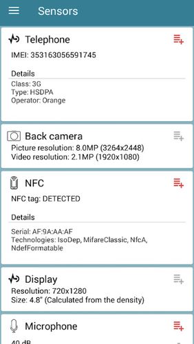 Les captures d'écran du programme Sensors toolbox pour le portable ou la tablette Android.