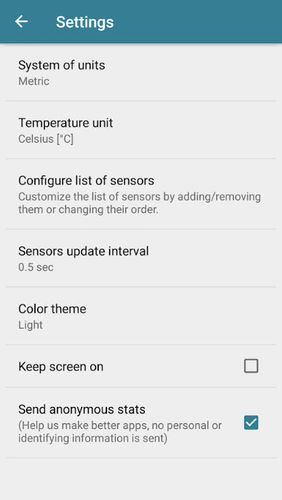 Les captures d'écran du programme Sensors toolbox pour le portable ou la tablette Android.