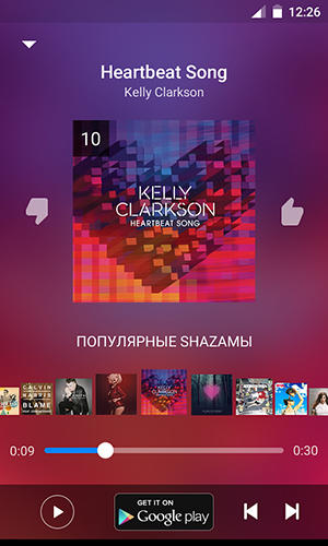 Capturas de tela do programa Shazam em celular ou tablete Android.