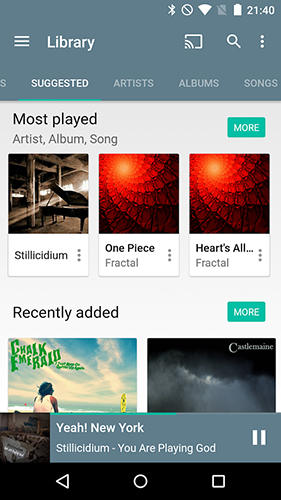 Capturas de pantalla del programa Shuttle+ music player para teléfono o tableta Android.