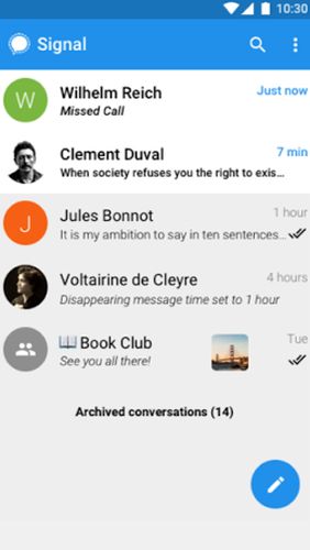 Les captures d'écran du programme Signal private messenger pour le portable ou la tablette Android.