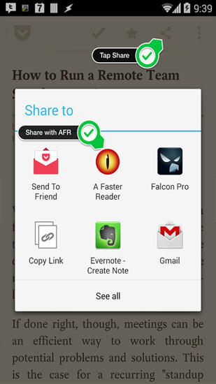 Capturas de pantalla del programa A Faster Reader para teléfono o tableta Android.