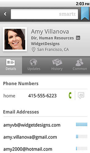 Screenshots of Smartr contacts program for Android phone or tablet.