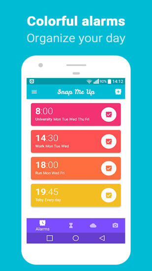 アンドロイド用のアプリSnap Me Up: Selfie Alarm Clock 。タブレットや携帯電話用のプログラムを無料でダウンロード。