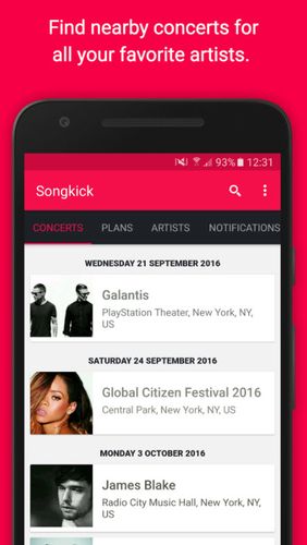 Capturas de tela do programa Songkick concerts em celular ou tablete Android.