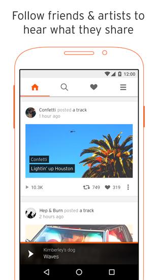 Les captures d'écran du programme SoundCloud pour le portable ou la tablette Android.