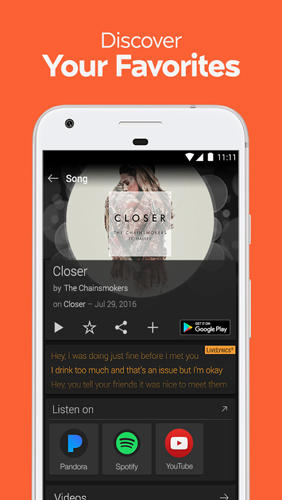 Les captures d'écran du programme SoundHound: Music Search pour le portable ou la tablette Android.