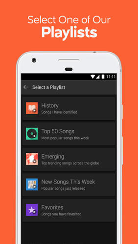アンドロイドの携帯電話やタブレット用のプログラムSoundHound: Music Search のスクリーンショット。