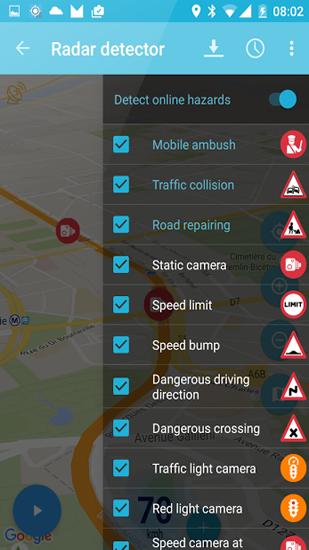 Les captures d'écran du programme Speed Camera Radar pour le portable ou la tablette Android.